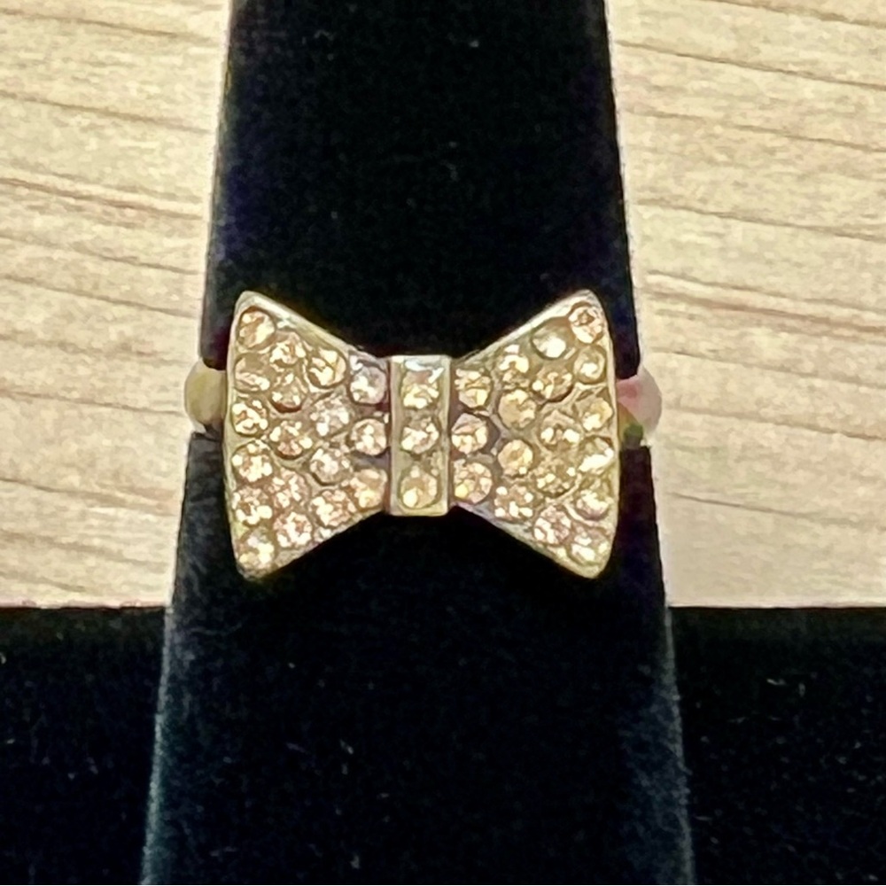 Vintage Brass Bow Pavé Ring with Sparkling Crystals Size 6